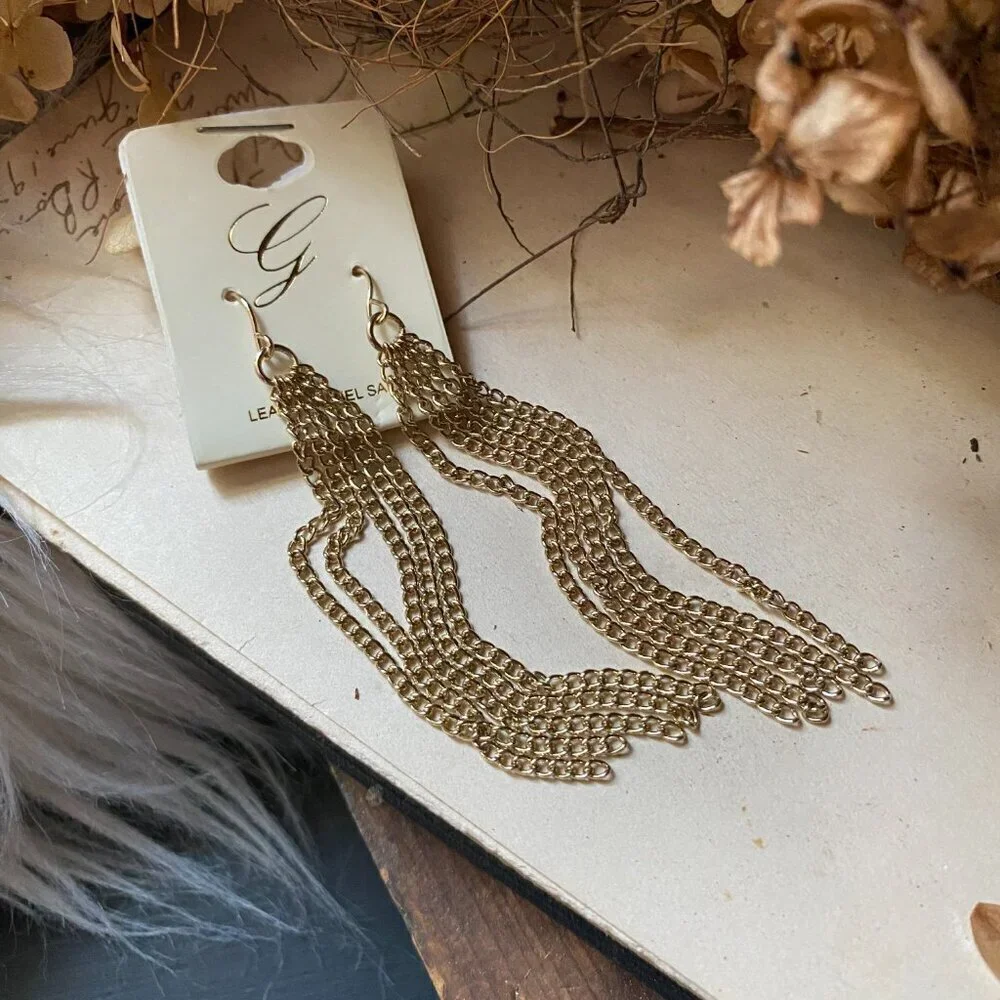 Brand New Chain Fringe Long Gold Tone Earrings